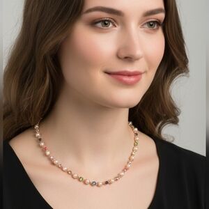 Persimmon Faux Pearl And Crystals Gold Tone Necklage 16"+3" New